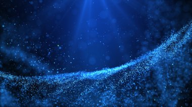 Mavi renk parçacıkları çizgi ve noktalarla akan dalgalar, dijital siber uzay fütüristik, soyut arkaplan 3d görüntüleme