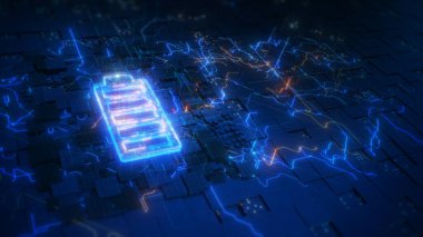 Yeşil yenilenebilir enerji depolama geleceği, pilden elektrikli arabalara ve mobil cihazlara temiz elektrik, teknoloji pili yüksek elektrik enerjisi, teknolojik dijital arkaplan 3d