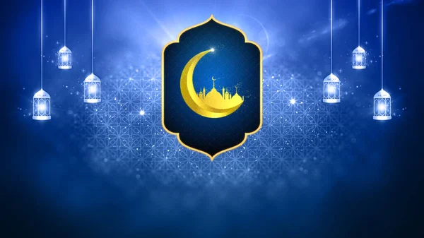 Azul Cor Ouro Eid Mubarak Conceito Design Islâmico Com Pendurado — Fotografia de Stock