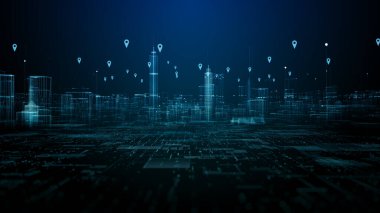 GPS navigasyon, yüksek hızlı internet bağlantısı ve büyük veri analizi için şehir manzarası konumu simgeleri, teknolojik dijital veri ağı bağlantı arkaplanı 3d