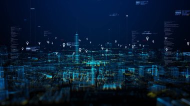 Teknoloji dijital veri ağı bağlantısı, GPS navigasyonunun Cityscape konum simgeleri, yüksek hızlı internet bağlantısı ve büyük veri analizi, Arkaplan 3D görüntüleme