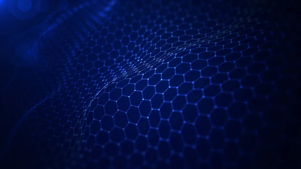 Blaue Sechseckige Verbindungswelle Fließt Cyber Technologie Abstrakter Hintergrund Rendering — Stockfoto