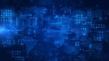 Gelecekteki teknoloji dijital matris, dijital arkaplan teknolojisi için Siberuzay ortamı, dijital veri transferi ve veri analizi, mavi arkaplan üzerine teknoloji veri konsepti. 3B Hazırlama