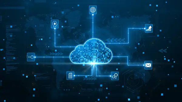 Cloud computing for data storage and safety, Cloud icon with data icon on background world map, Futuristic technology global network data connection. Cybersecurity digital background 3D Rendering