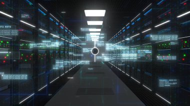 Depolama için sunucu dolapları, veri merkezi sunucu odasındaki veri sunucuları, veri depolama konsepti bulutu, gelecekteki dijital veri ağı bağlantı teknolojisi, 3D oluşturma