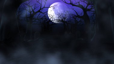 Karanlık orman ve sisli Cadılar Bayramı etkinliği, duman, uçan yarasalar ve arka planda ay gecesi, 3 boyutlu görüntüleme
