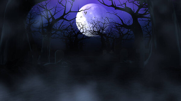 Halloween event with dark forest and fog, smoke, Flying bats and moon night on the background, 3D Rendering