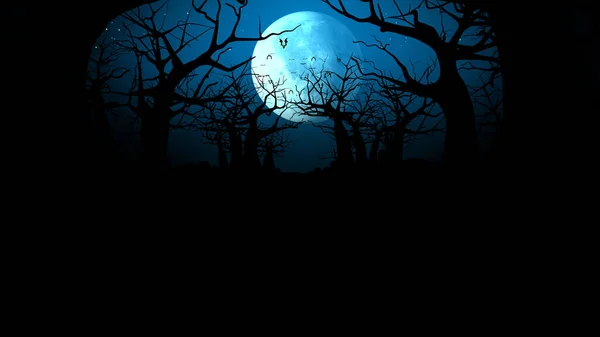 Halloween Begivenhed Med Skov Silhuet Flyvende Flagermus Måne Nat Baggrunden Stock-billede