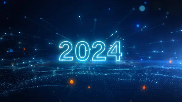 Празднуйте Новый Год 2024 Blue Background Аннотация Glowing Bokeh Particle Стоковое Изображение