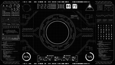 Fütürist kullanıcı arayüzü bilgi elemanları ile ekranın başını yukarı kaldırır. Dijital arkaplan bilgisayarı, Masaüstü ekran hareketli sanal teknoloji arkaplanı için görüntüleme. 3d Hazırlama