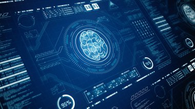 Derin öğrenme bilgisayar teknolojisi, yapay zeka kavramının ileri teknoloji kullanıcı arayüzü beyin simgesi, fütüristik teknoloji yeniliği, teknolojik arka plan. 3d Hazırlama