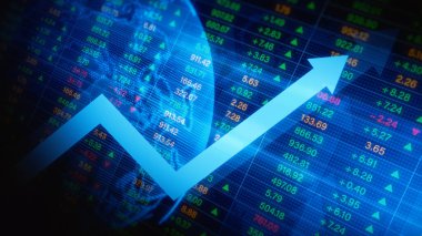 Borsada yükseliş ve yükselen ok mavi arka planda. Ticaret ve Yatırım için Mali Veriler ve Bilgi, İş ve Finansal Küresel Yatırım. 3d Hazırlama