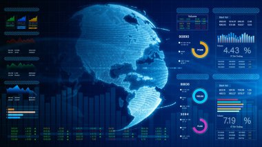 Finansal ve küresel ekonomi. İş haritaları, veri numaraları, iş stratejisi için bilgi raporları. İş ve finansal küresel yatırım. Teknoloji veri analizi. 3d Hazırlama