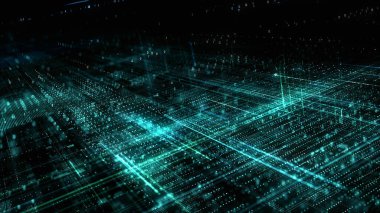 Parçacıklar ve Blokzincir Ağ Bağlantıları ile Teknoloji Dijital Siberuzayı. Yüksek Hız İnternet Bağlantısı, Teknoloji Dijital Matrix Soyut Arkaplan. 3d oluşturma