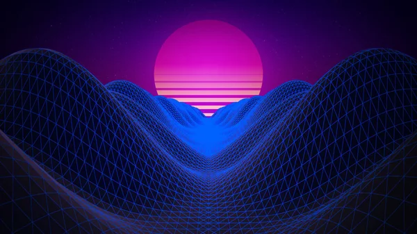 80s Retro Background, Retro futuristic digital landscape low poly 3D with sunset behind mountains and laser grid, 3d Rendering