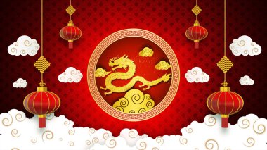 Çin Yeni Yıl Kutlaması, Çin Dekorasyonlu Ejderha Yılı, Fenerler, Bulutlar, Altın Ejder ve Yuvarlak Çerçeve Arkaplan 3D