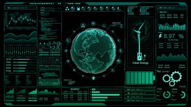 Detaylı bir dünya modeli ve temiz enerji ikonlarıyla küresel yenilenebilir enerji istatistiklerini gösteren sofistike dijital izleme paneli. 3d oluşturma