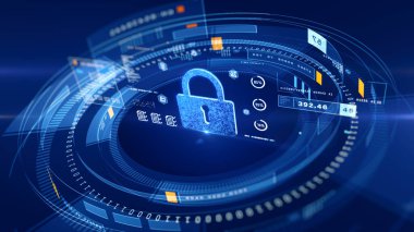 Şifreli Veri Görselleştirme siber güvenliği ile dijital çağda asma kilit ve siber tehditler içeren dijital Siber Güvenlik Koruması, 3D