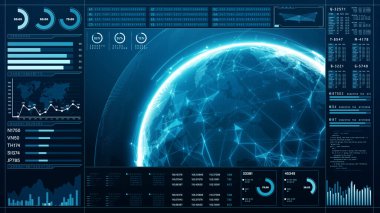 Fütürist Küresel Ağ Veri Arayüzü Kavramı, geleceksel tasarım elemanları ile küresel bağlantı ve veri analizlerini gösteren Mavi Dijital Arayüz. 3d oluşturma