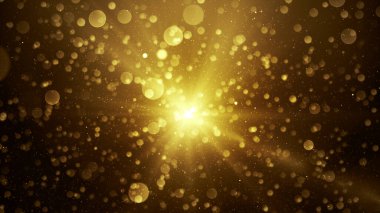 Daire şeklinde parlak altın bokeh etkisine sahip lüks parçacıklar, ışıl ışıl bir ışık patlaması, şenlik, kutlama için ideal, ya da büyülü arkaplan, 3D görüntüleme