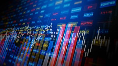 Finansal pazar grafikleri arka plan, işletme finans yatırım grafikleri değişen değerler ve dijital verilerle çeşitli meta, sermaye ve endeksleri gösteriyor. 3d oluşturma