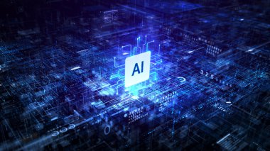 Holografik yapay zeka derin öğrenme performansı, Futuristik teknoloji siber uzay büyük veri analizi ve veri bağlantısı, teknolojik dijital veri soyut arkaplan 3D görüntüleme