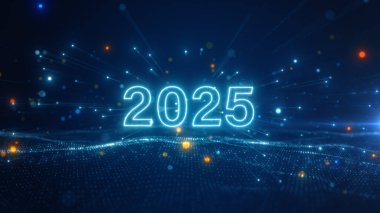 2025 'in yeni yıl arifesini mavi arka planda kutlayın. Soyut Parlayan Bokeh Parçacığı Mutlu Noeller ve Mutlu Yıllar 2025 Festivali Konsepti, 3D