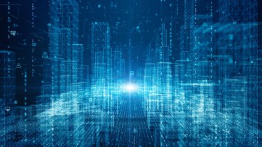 Yüksek hızlı internet bağlantısı veri analizi hareket soyut arka plan kavramı. Parçacıkları ve dijital veri ağı bağlantıları olan Dijital Şehir, Dijital siber uzay, 3B Hazırlama