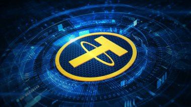 Kripto para birimi, devre desenli fütüristik dijital arka plan, engelleme zinciri teknolojisi, stabil para ve sanal finansı temsil ediyor. Blockchain ağları ve siber güvenlik, 3B Hazırlama