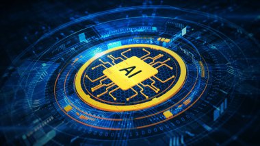 Dijital arayüzün merkezindeki yapay zeka, makine öğrenimi ve gelişmiş teknolojiyi sembolize ediyor. Yenilik, teknoloji ve yapay zeka kavramları için idealdir. 3B Hazırlama