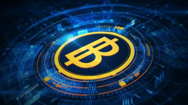 Tayland baht sembolü fütüristik mavi dijital arayüzde, dijital para birimini, fintech 'i ve Tayland ekonomisinde finansal yeniliği sembolize ediyor. İş ve mali yatırım kavramı. 3B Hazırlama