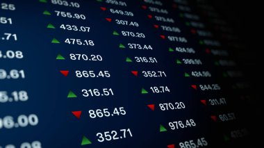 Fiyatları kırmızı ve yeşil oklarla dalgalanan, mali ticaret ve yatırımdaki kazanımları ve kayıpları sembolize eden dijital borsa saatinin yakın çekimi. 3B Hazırlama