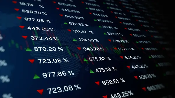 Yüzde değişiklikleriyle küresel borsa verileri, piyasa eğilimlerini gösteren yeşil ve kırmızı oklar, küresel finansmanı sembolize eden üst üste binmiş dünya haritası arka planı. 3B Hazırlama