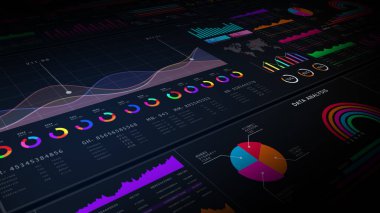 İş dünyası için veri analizleri, stratejik finansal yatırım geçmişi, profesyonel veri gösterge tablosu, grafikler ve finans, ticaret ve iş anlayışları için analizler. 3d Hazırlama
