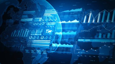 Dijital mavi arkaplan ile ilgili tablolar, grafikler ve istatistikler ile küresel veri görselleştirme arayüzü. Teknoloji, analitik ya da iş ve mali yatırım geçmişi için mükemmel