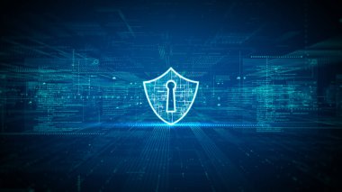 Siber güvenliği, dijital veri ağı korumasını ve güvenli teknoloji engelleme sistemlerini temsil eden, anahtar delikli parlak bir kalkanın yer aldığı gelecekçi dijital arkaplan. 3d oluşturma