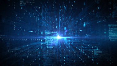 İkili kodlar içeren dijital arkaplan, Fütürist veri ağı ve engelleme zinciri bağlantısı ve Teknoloji dijital veri transferi. Hareket soyut arkaplan 3d oluşturma