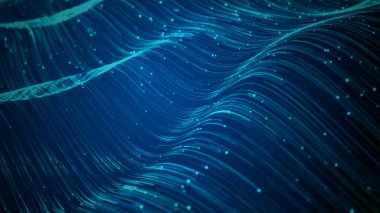 Akan dijital dalgalar, veri akışları ve parlayan parçacıklar, yapay zekayı, büyük verileri ve gelecekçi teknoloji kavramlarını temsil ediyor. Teknoloji soyut arkaplan 3d oluşturma