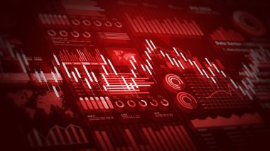 Kırmızı tonlu finansal veri paneli, azalan hisse senedi tabloları ve analitik. Piyasadaki kriz, kriz ya da ekonomik istikrarsızlığı temsil ediyor. İş yatırımı arka planı 3B Hazırlama
