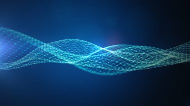 Mavi gradyan zemin boyunca akan parlak noktalar ve çizgilere sahip gelecekçi dijital dalga, teknoloji büyük veriler ve zincire bağlı kavramlar. Arkaplan hareketi 4k