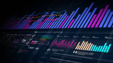 İş görüşleri ve ekonomik performans değerlendirmesi için bar grafikleri, çizgi grafikleri ve veri analizlerinin yer aldığı mali yatırım konsolu. Finansal yatırım arkaplan kavramı 3d Hazırlama
