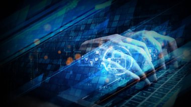 Bilgisayara el yazısı, dijital kilit simgesi ve çevrimiçi güvenlik ve şifreleme temaları için geleceksel veri koruma arayüzü kullanan siber güvenlik kavramı. 3d Hazırlama