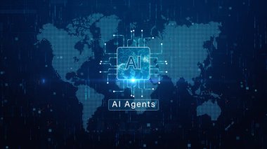 Dijital dünya haritası, ağ bağlantıları ve yapay zeka veri görselleştirmesi olan yapay zeka ajanları konsepti. Teknoloji yapay zekası kavramı 3 boyutlu oluşturma