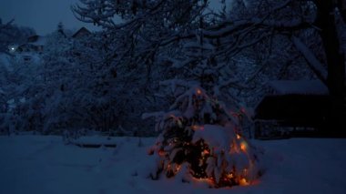 Parlayan ışıklar ve kar ile Noel ağacı