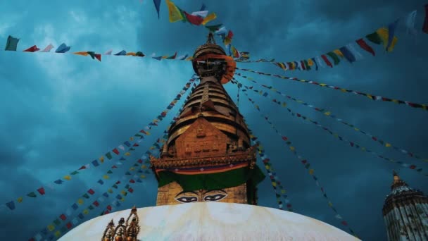 Swayambhunath Stupa Buddhist Prayer Flags Fluttering Wind Blue Dramatic Sky — 비디오