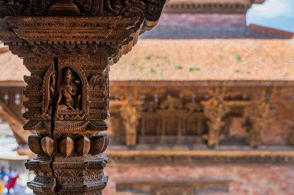 Pilares Esculpidos Madeira Templo Praça Durbar Patan Kathmandu Nepal — Fotografia de Stock