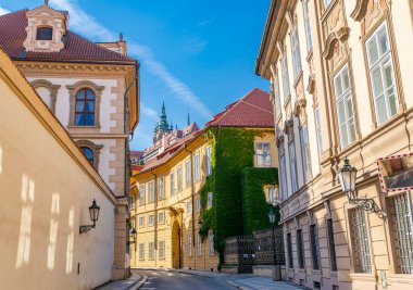 Prag, Çek Cumhuriyeti 'nde eski binaların olduğu dar bir sokak, duvarında yeşil sarmaşık bitkileri büyüyor.