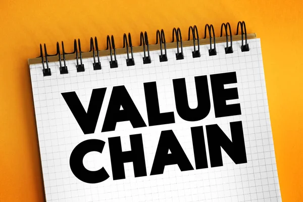 Value Chain - describing the full chain of a business\'s activities in the creation of a product or service, text concept on notepad