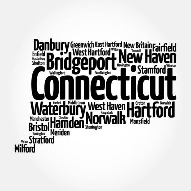 Connecticut - a state in the New England region of the northeastern United States, is known for its rich history, picturesque landscapes, and vibrant culture, word cloud concept background clipart