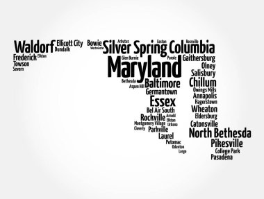 Maryland - a state located in the Mid-Atlantic region of the United States, word cloud silhouette concept background clipart